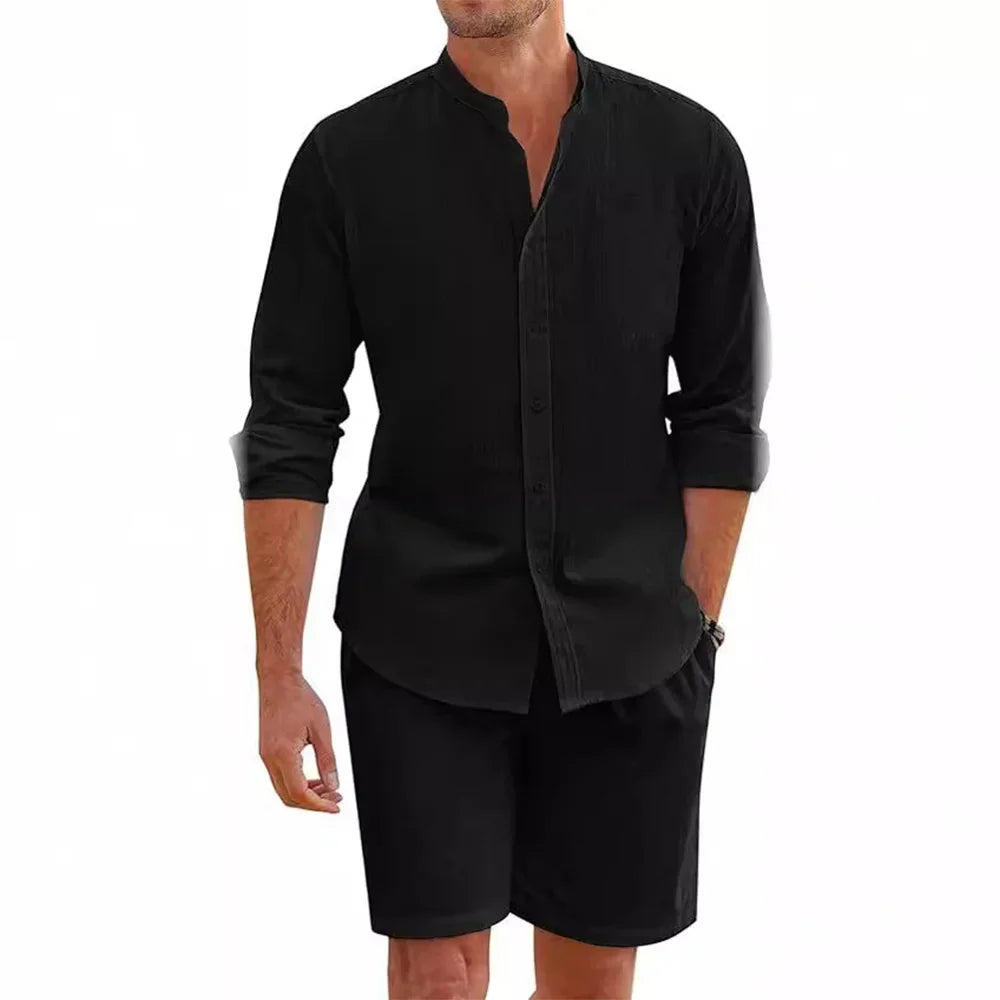 2 pcs Sets Men's Summer Cotton Linen Shirt and Shorts Cardigan Simple Casual Beach Shirts Comfortable Hawaii Wear