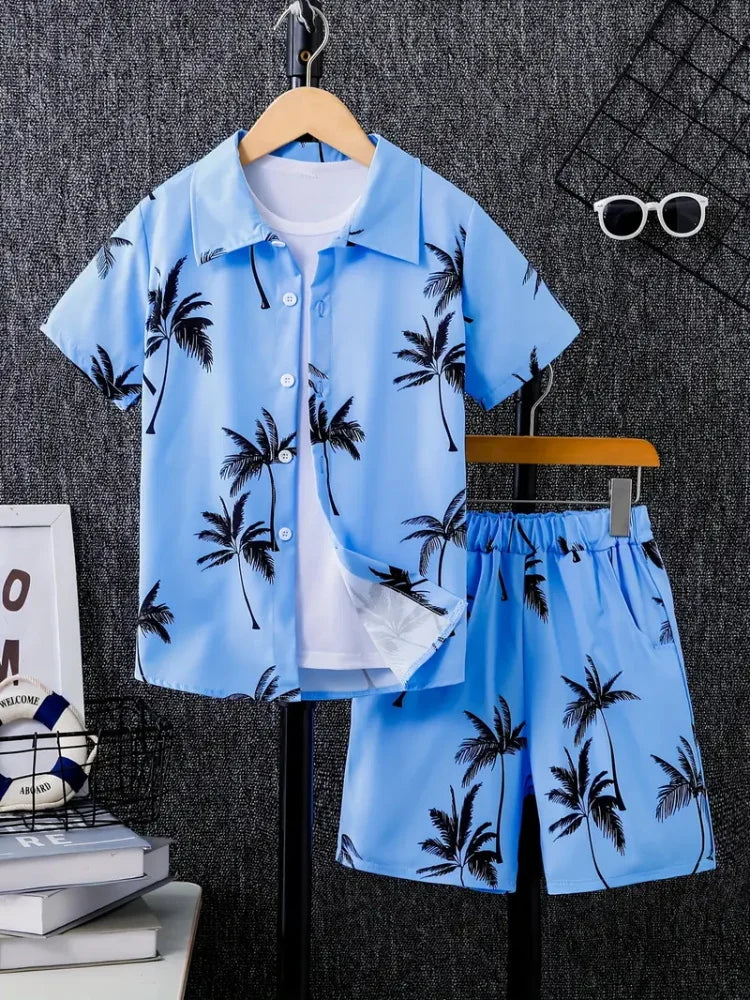 Men's Short-sleeved Shirt Set Blue Ocean Palm Tree Print Hawaiian Seaside Vacation Style Shirt Set