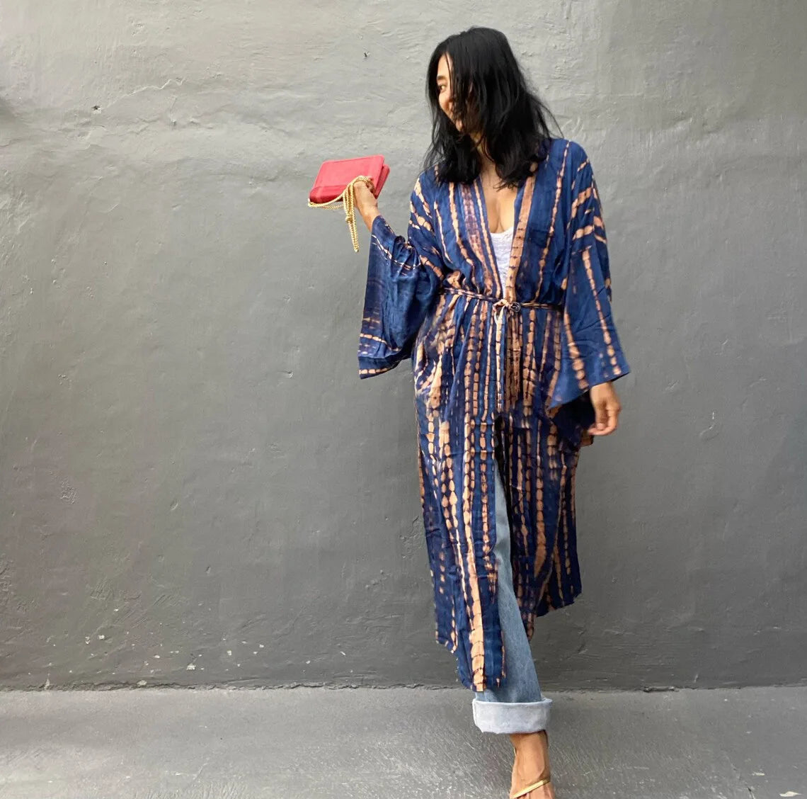 Women's Boho Stripe Tie Dye Swimsuit Cover Up with Belt Tunic Sarong Cardigan Dress Bikini Cover-ups Beach Wear Kimono