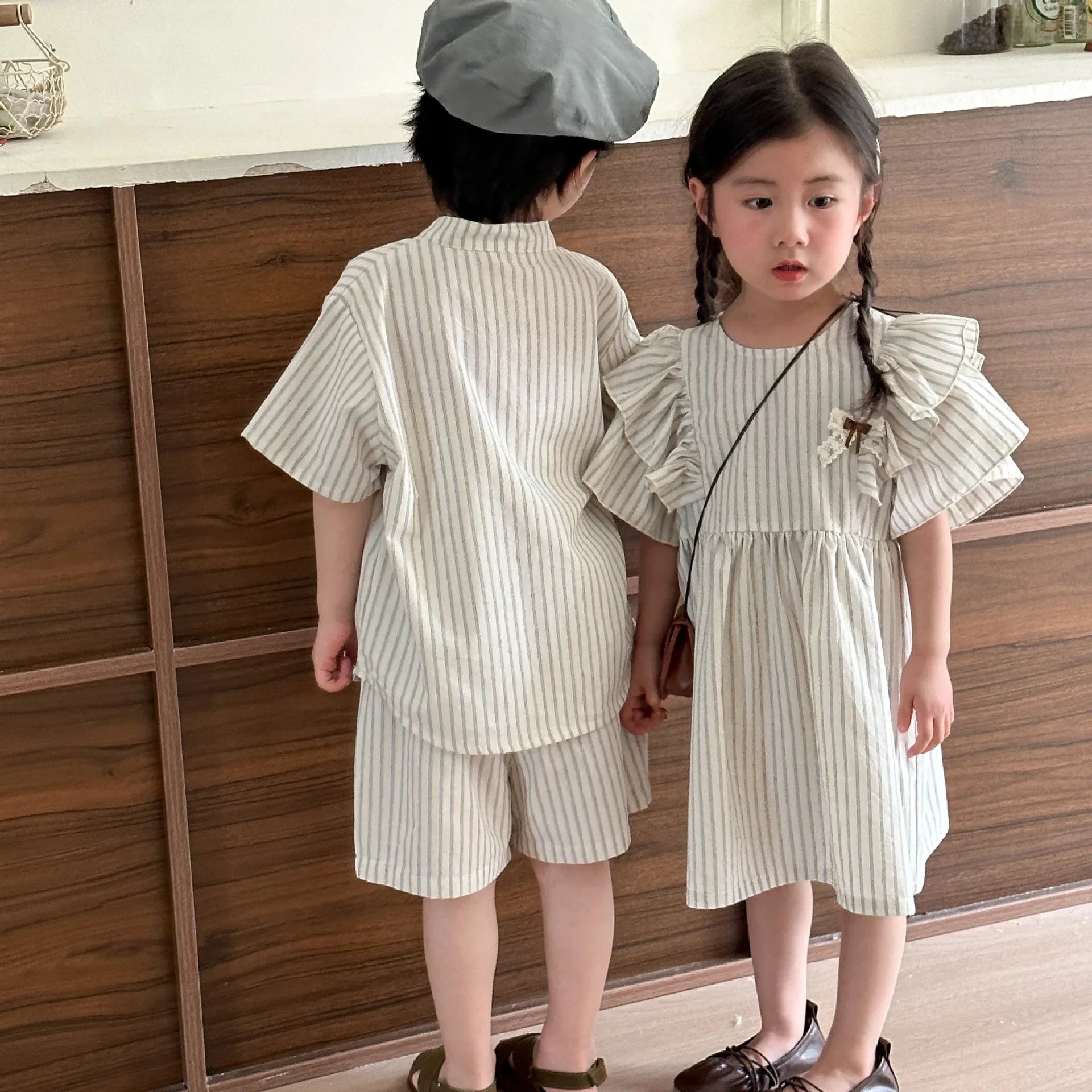 22004 Brother Sister Clothes Summer New Short Sleeve Stripes Baby Boy's Suit Or Cotton Girl Dress