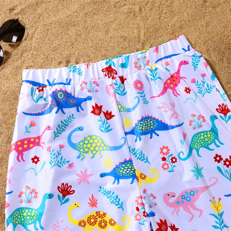Dinosaurs Swimwear Family Matching Outfits V-Neck Mother Daughter Swimsuits Mommy and Me Dresses Clothes Father Son Swim Shorts