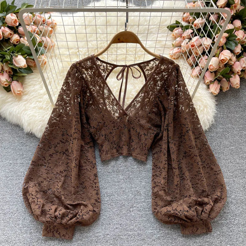 Frenchic Sexy Blusas Mujer Crochet Lace Sheer Women Tops V-neck Lantern Sleeve Backless Lace-up Ladies Elegant Blouse