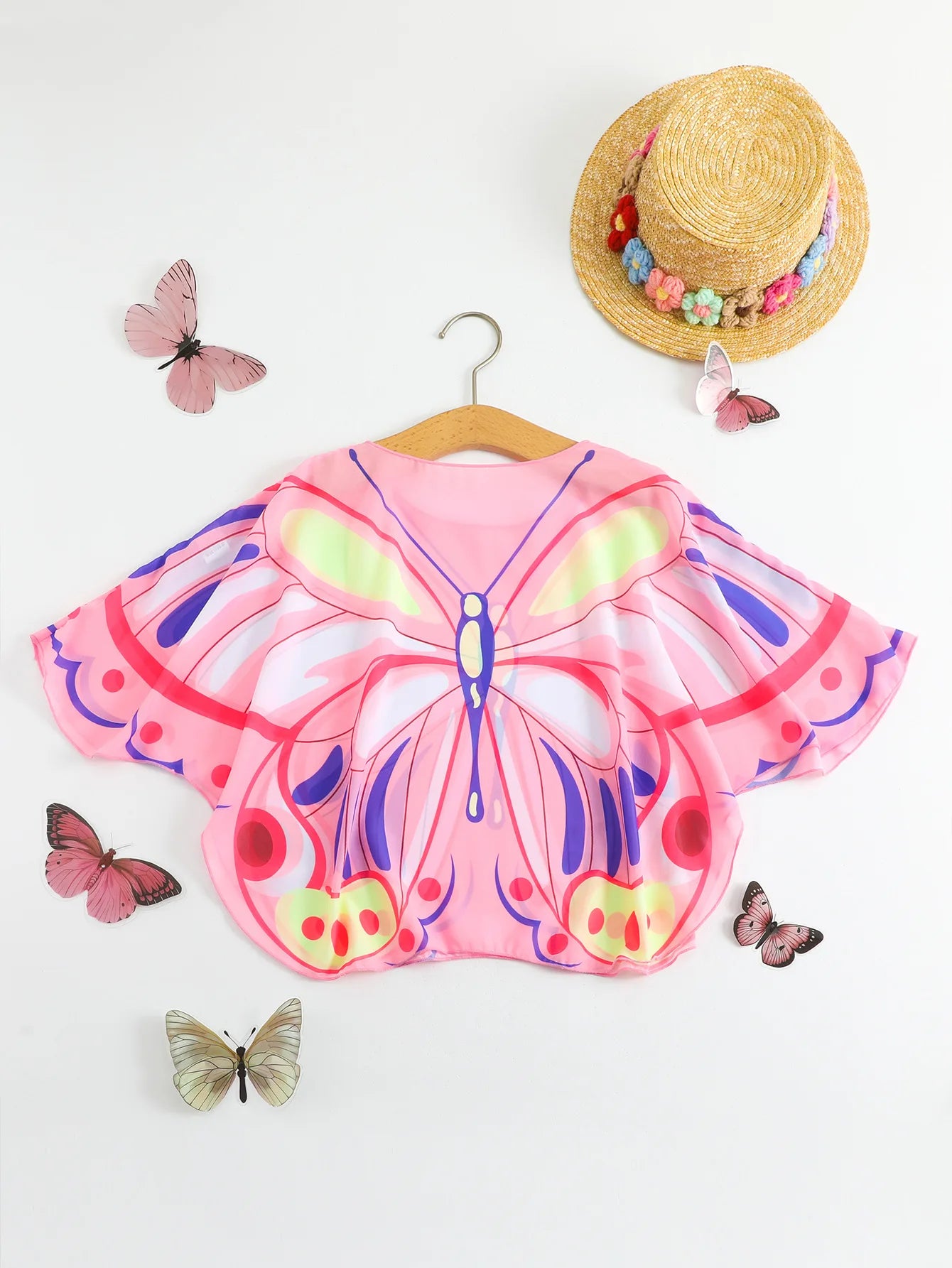 Kids Girls Butterfly Print Sunscreen Shirt Mesh Clothing for Beach Swimming Children's Swimwear Cover-Up Outerwear Single Piece