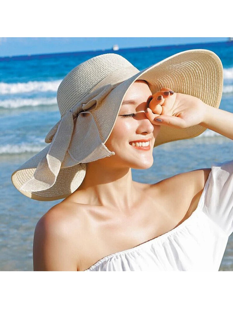 Summer Women Straw Hat Bowknot Wide Brim Floppy Panama Hats Female Lady Outdoor Foldable Beach Sun Cap