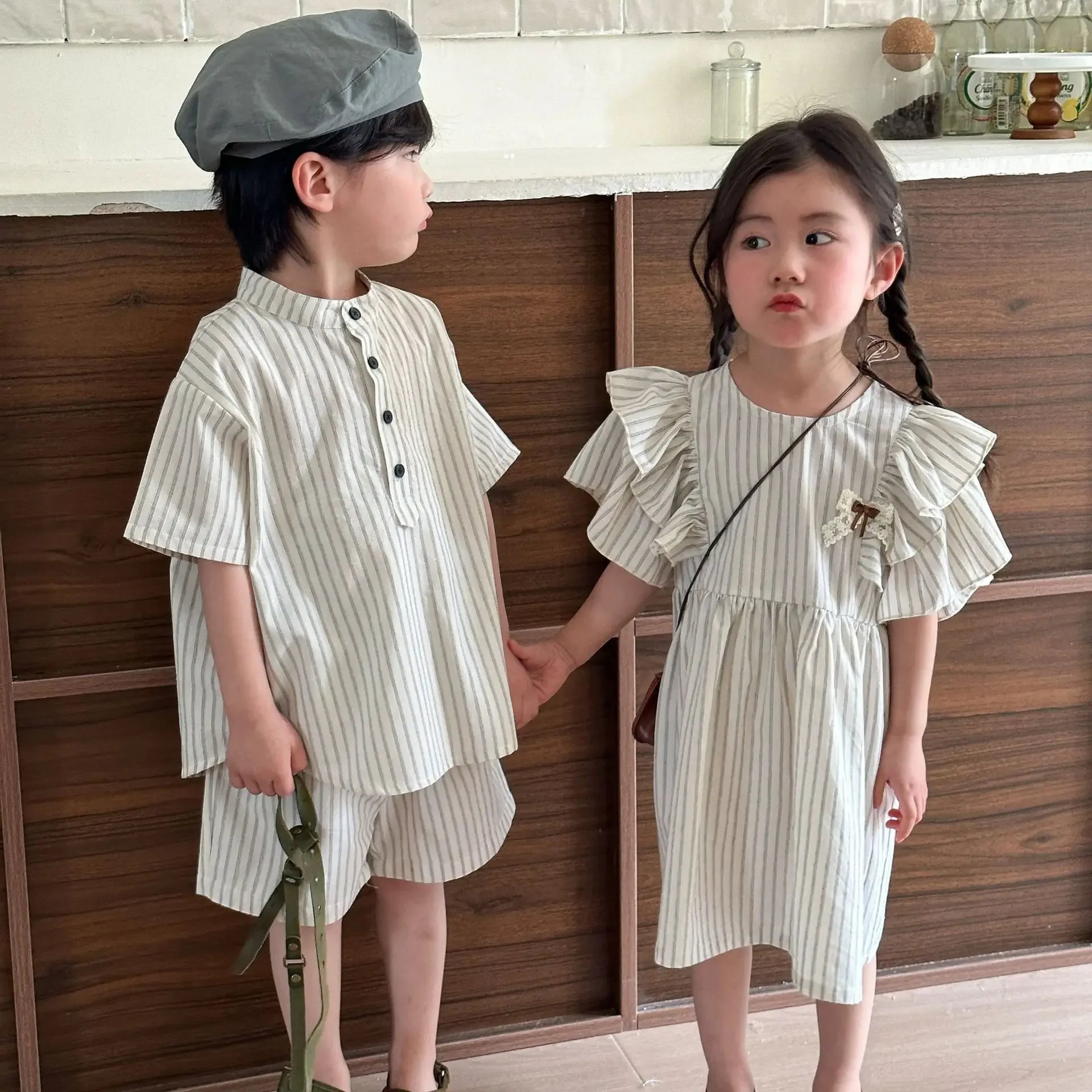 22004 Brother Sister Clothes Summer New Short Sleeve Stripes Baby Boy's Suit Or Cotton Girl Dress