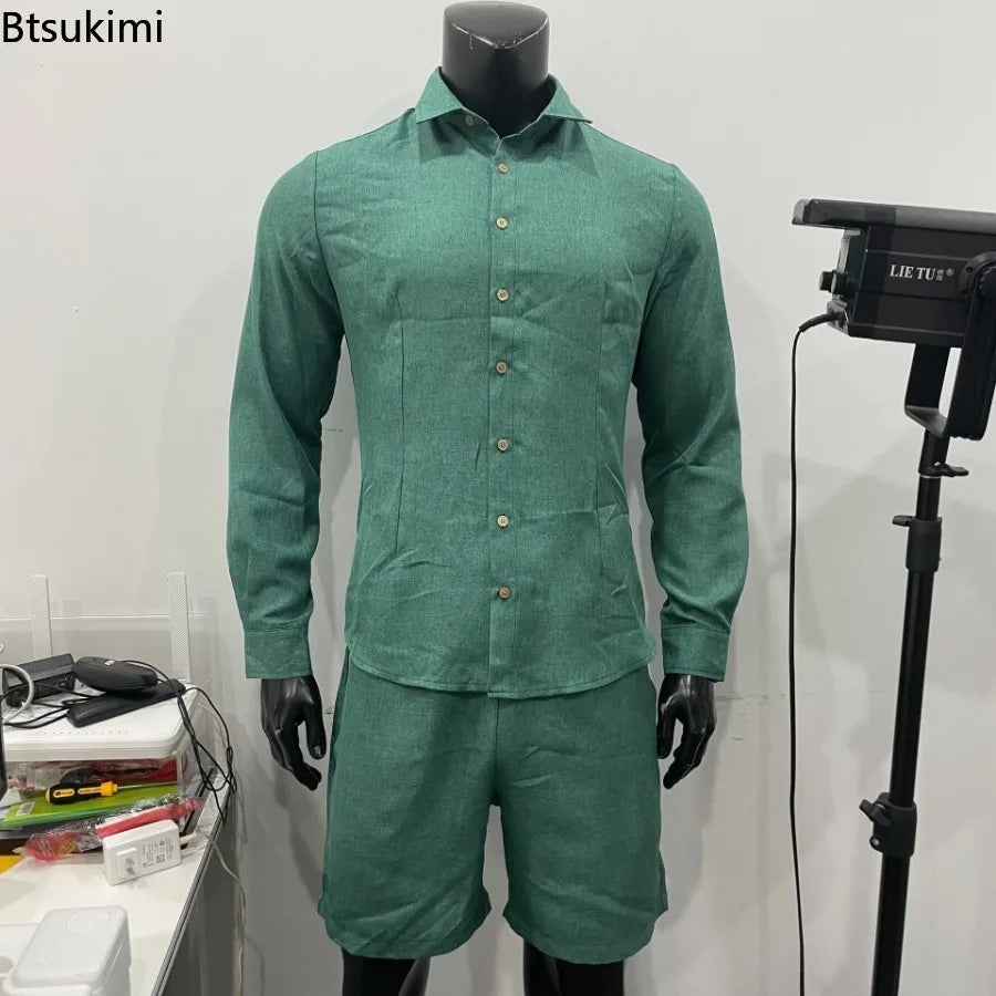 2026 Fashion Streetwear Men's Summer Comfy Cotton Linen Casual Suit Long-sleeved Shirt and Shorts Two-pieces Men Vacation Outfit