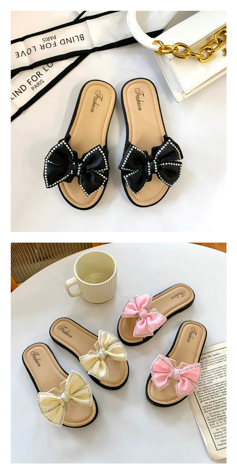 2026 New Bow Flats Open Toe Slide Sandals Non-slip Flip Flops Children Home Slippers Kids Girls Summer Cute Beach Slippers Shoe