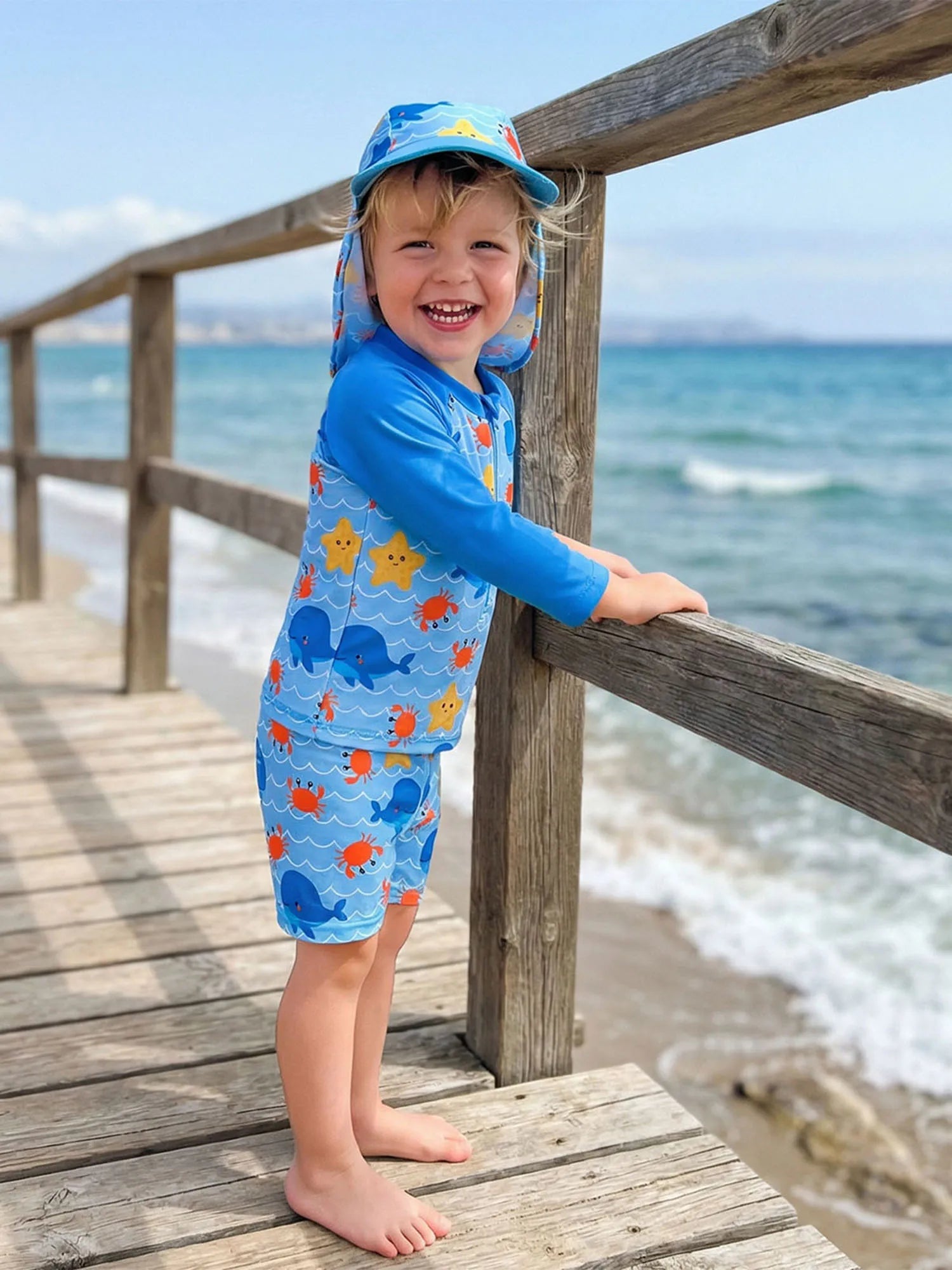 3Pcs Toddler Boy Swimsuit Set Long Sleeve Crew Neck Marine Animal Print Tops Swim Trunks and Hat Rash Guard Bathing Suit