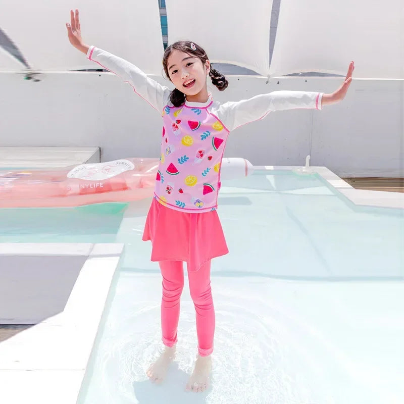 Printing Long Sleeved Girls Swimwear Sun Protection Swimming Suit  Long Pants Skirt Style Quick Drying Bathing Suit 3-11Y