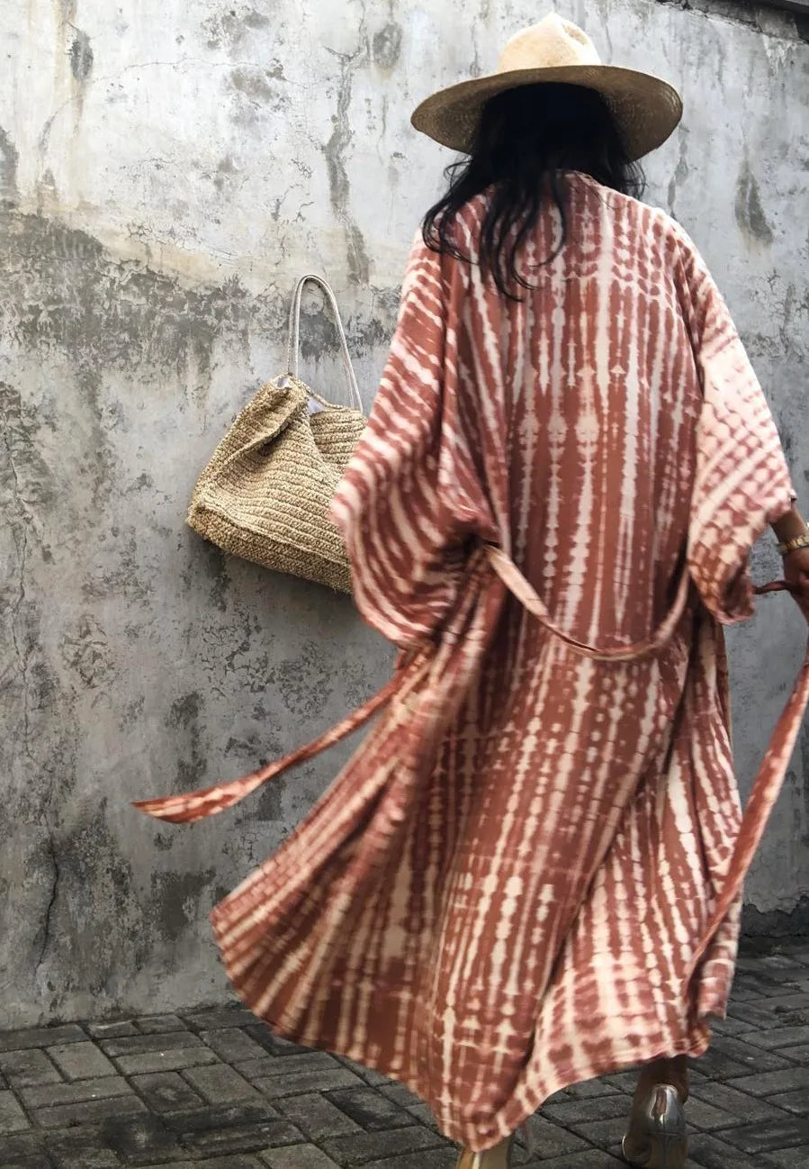 Women's Boho Stripe Tie Dye Swimsuit Cover Up with Belt Tunic Sarong Cardigan Dress Bikini Cover-ups Beach Wear Kimono