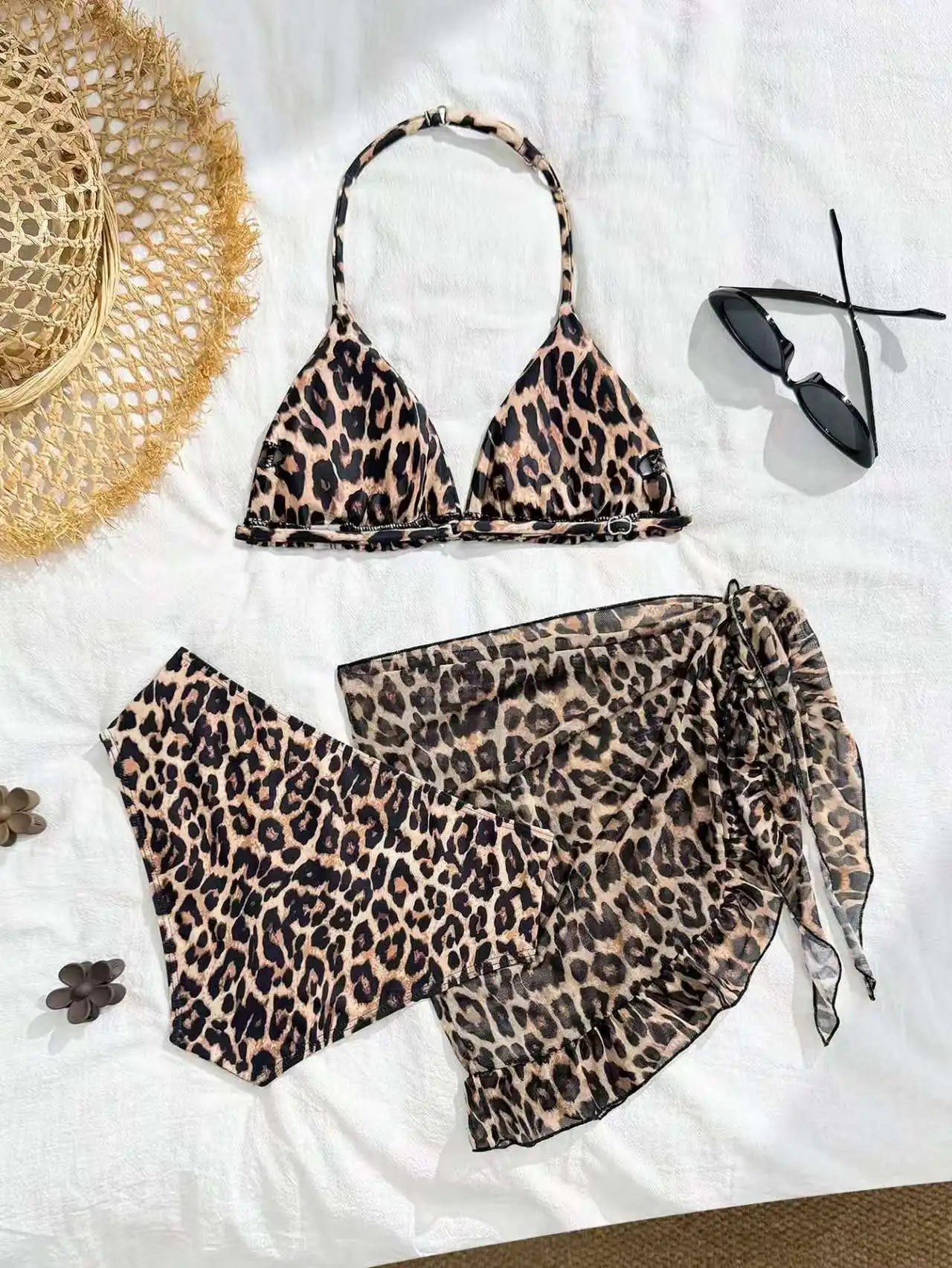 2026 Leopard Girls Swimsuit 3 Pieces Halter Triangle Bikinis Kids Swimwear Female Children's Bathing Swimming Swim Suit 8Y-12Y