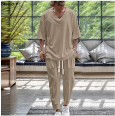 Summer Casual Trousers Set Cotton Linen 2 Piece Men's V-neck Short Sleeve T-shirt and Pants Hawaiian Beach Cotton and linen Set