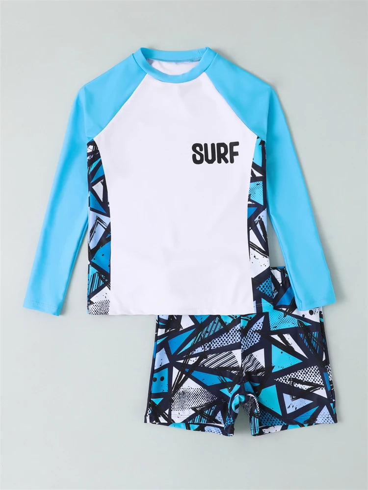 Boy Swimsuit 2026 New Geometry Print Long Sleeve Children Swimwear Summer Two Piece Kids Beach Wear Swimming Bathing Suit Men's
