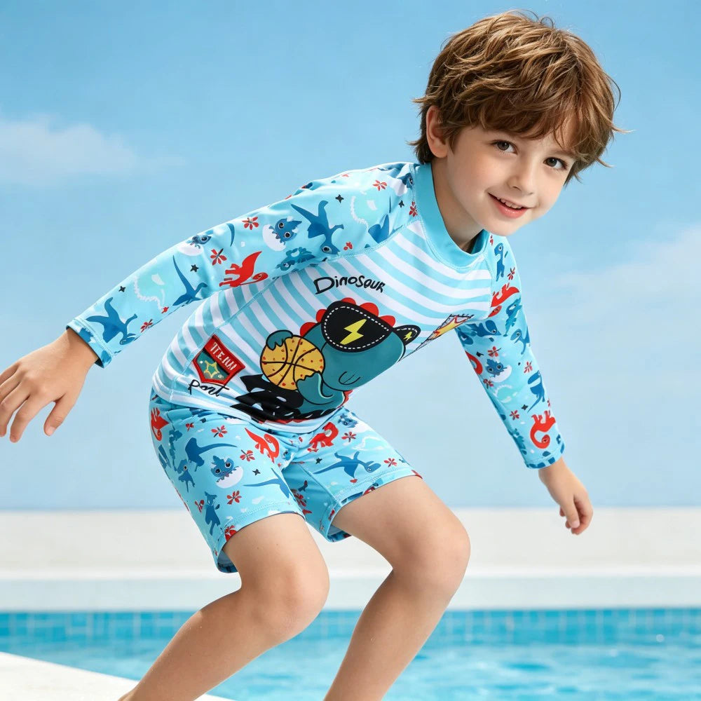 2Pcs Kids Long Sleeve Swimwear Set Boys Girls Cartoon Rash Guard Swimsuit Sun Protection Beachwear for Children Toddlers