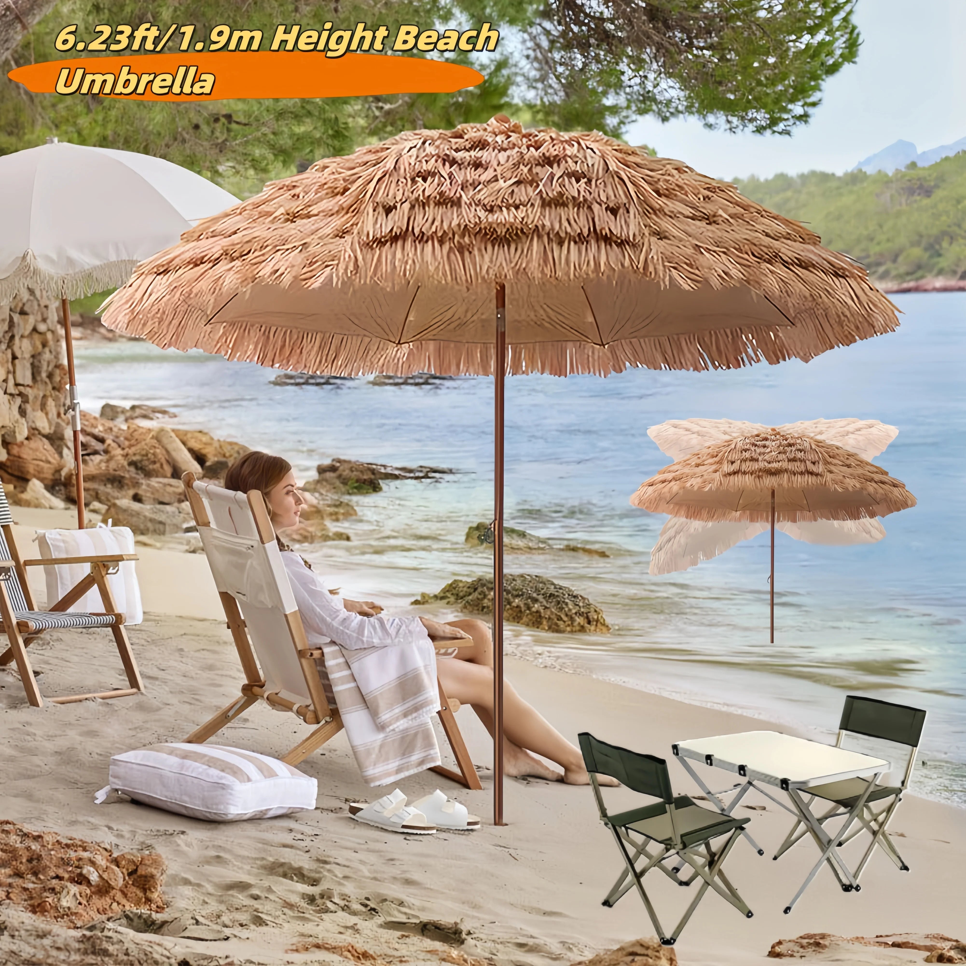 63inch Thatched Garden Umbrella with Tripod Base Beach Umbrella Outdoor Tiki Patio Umbrella for Garden, Lawn, Deck, Backyar