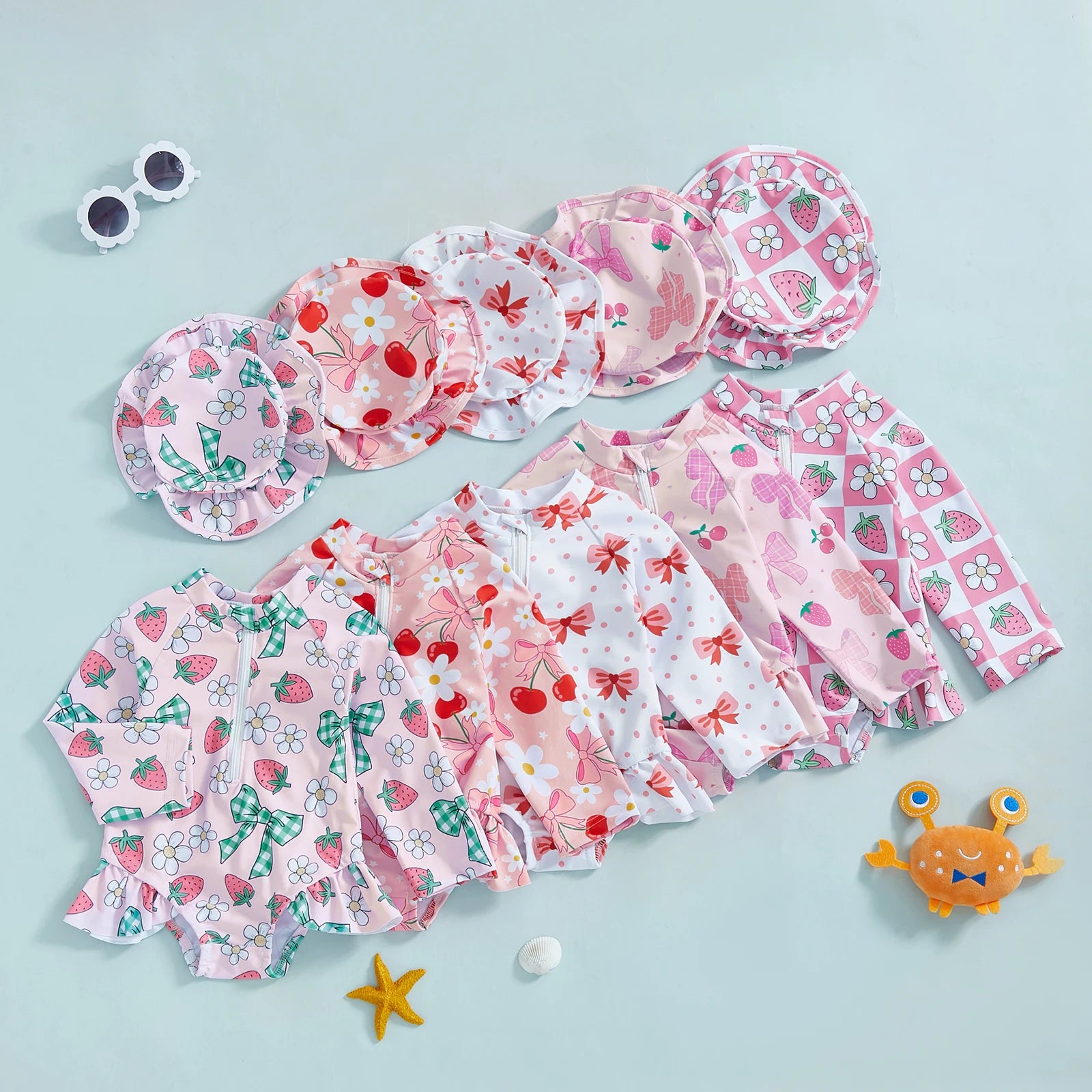 Summer Baby Girls Beacwear Princess Toddler Infant Rash Guard Swimsuits with Hat Floral Print Zip Up Children Girls Swimwears