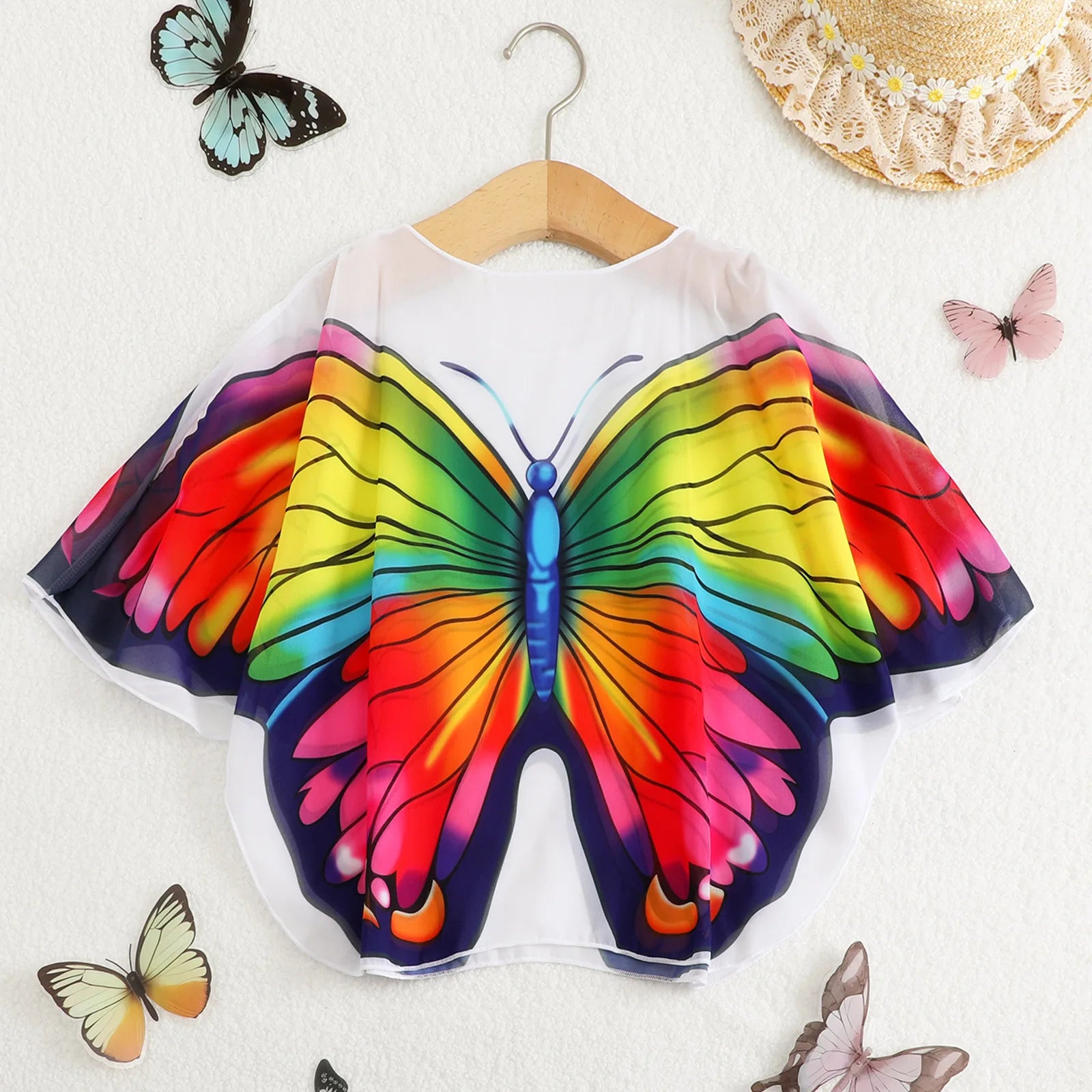 Kids Girls Butterfly Print Sunscreen Shirt Mesh Clothing for Beach Swimming Children's Swimwear Cover-Up Outerwear Single Piece