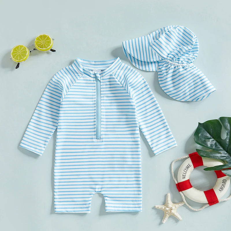 0-3T Toddler Boys Girls Rash Guard Swimsuit with Hat 2 Pcs Set Striped Pattern Zip Up Long Sleeve Crew Neck Baby Swimwears