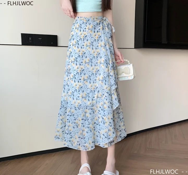 Wrap Up Chic Korea Clothes Women Cute Girls Floral Robe Holiday Beach Date High Waist Retro Vintage One-Piece Lace-Up Skirts