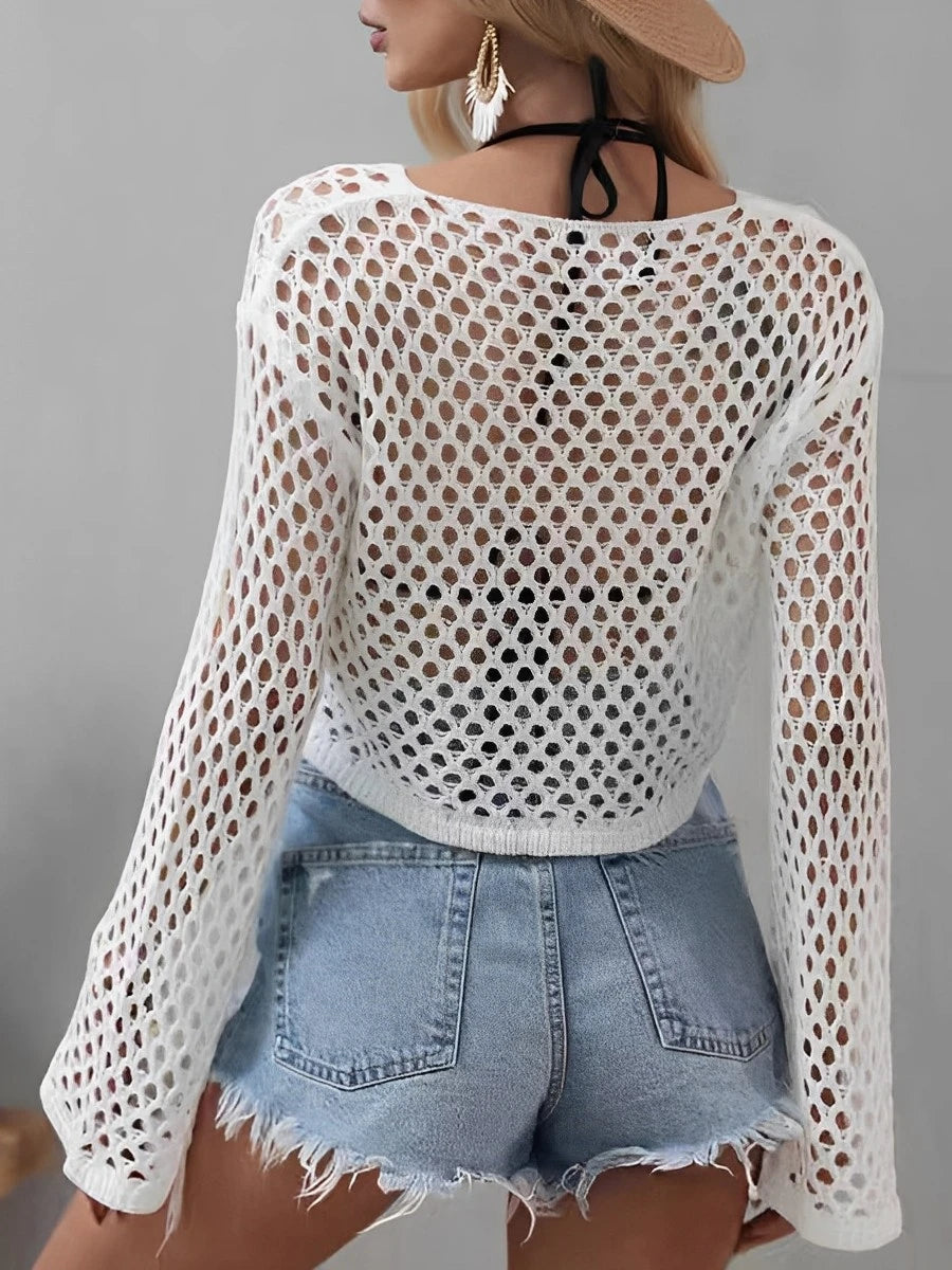 Mesh Crochet Beach Shirt Women Solid Cover Up Ladies Long Sleeve Tops 2026 Sexy Beachwear Bathers Swim Bathing Suit