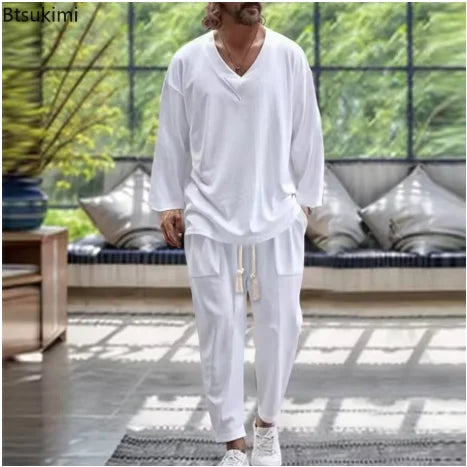 Summer Casual Trousers Set Cotton Linen 2 Piece Men's V-neck Short Sleeve T-shirt and Pants Hawaiian Beach Cotton and linen Set