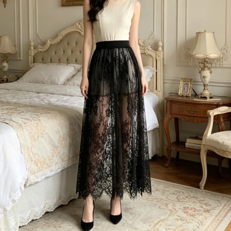 2 Length Elegant Black Skirt White Lace Transparent Long Tulle Skirt Ladies Elastic High Waist Beach Midi Skirt
