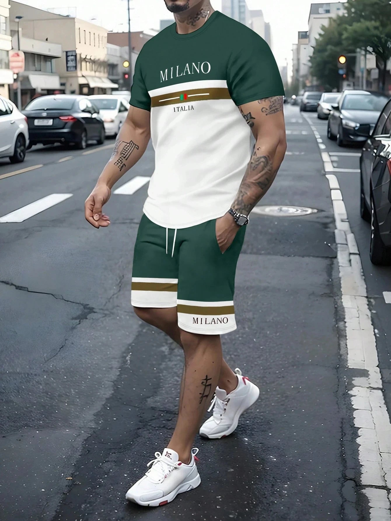 Summer Men's Stripe Letter Print Short Sleeve Top Shorts 2 Pieces Set Oversized Loose Round Neck T-shirt Man Drawstring Shorts