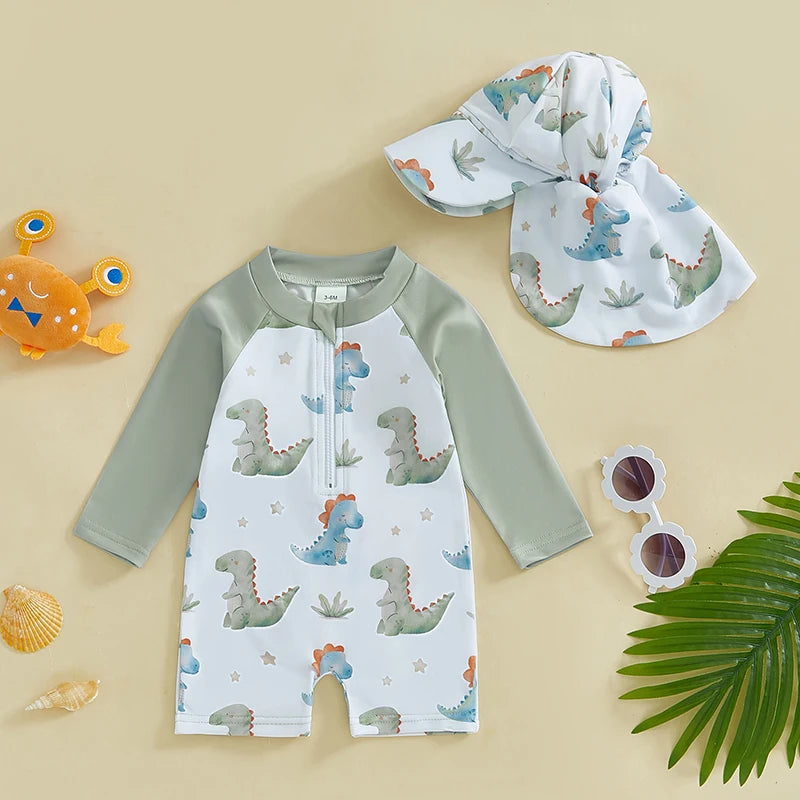 Toddler Boys Rash Guard Swimsuit Children Sportswear Dinner/Crab Print Long Sleeve Zip Bathing Suit with Swim Cap