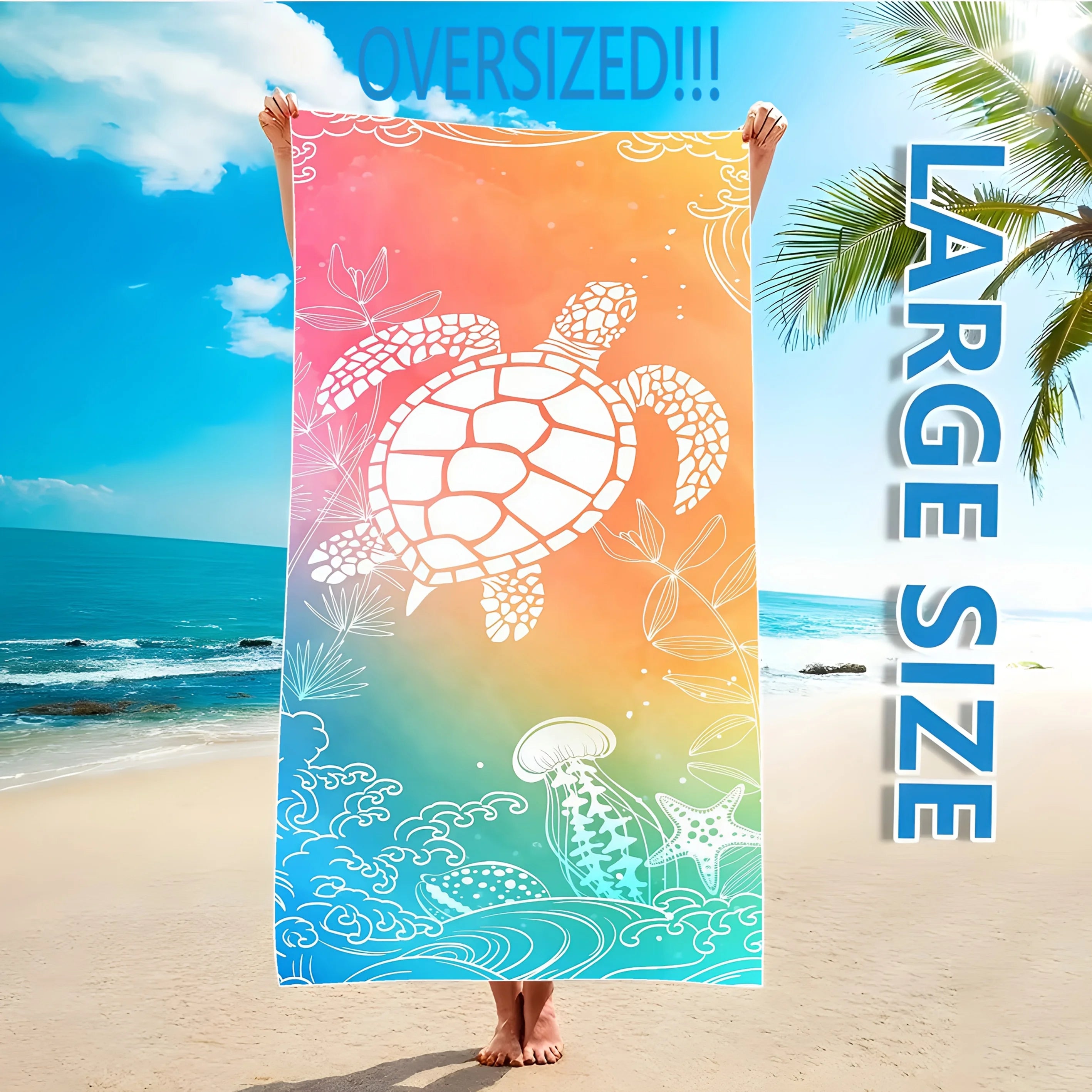 1pc, Oversized Microfiber Beach Towel with Cute Sea Stars and Turtles Graphic Pattern - Lightweight and Modern