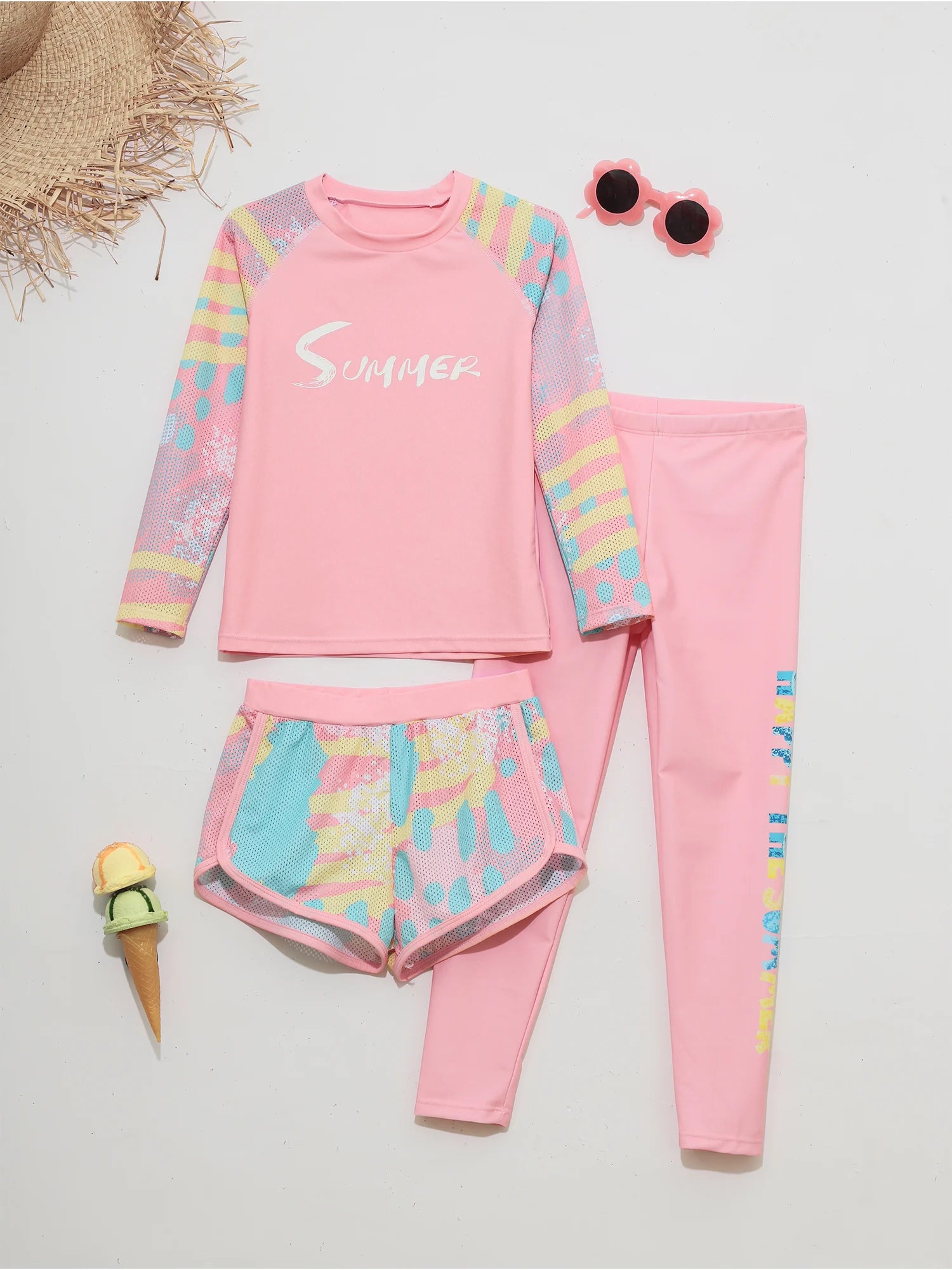 Kids Girls Swimsuit Rash Guard 3Pcs Sunsuit Outfit Long Sleeve Floral Tops Shorts Legging Child Sun Protection Pool Swimwear Set
