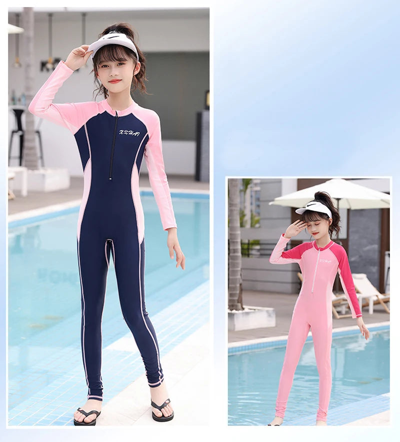 One Piece Girls Swimwear Full Cover Long Sleeve Swimsuit Kids Sun Protection Swimming Suit Teenage Korean Style Bathing Suit