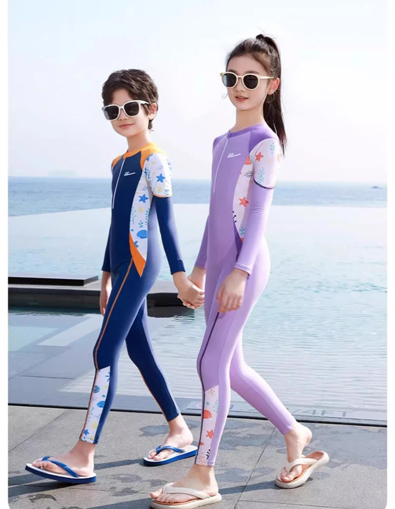 Girls And Boys Swimwear One Piece Long Sleeve Swimsuit Kids UV Protection Front Zipper Children Swimming Suit Summer Beachwear