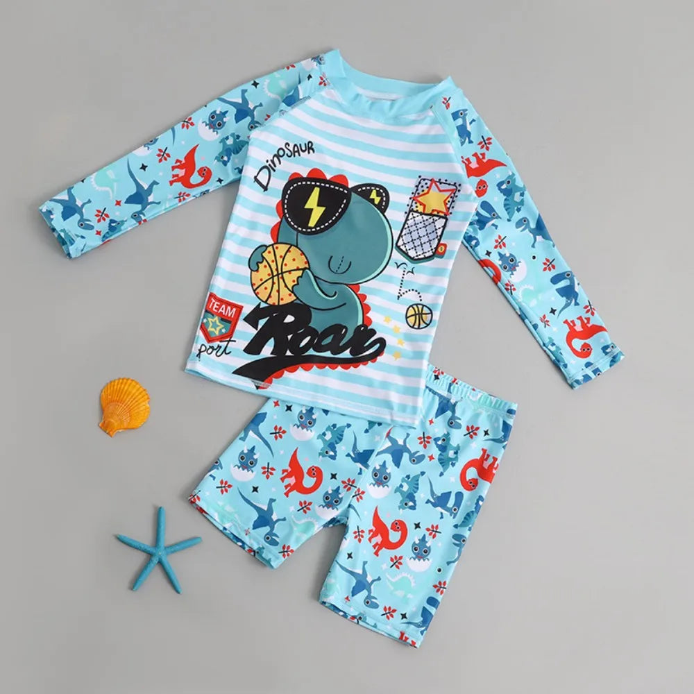 2Pcs Kids Long Sleeve Swimwear Set Boys Girls Cartoon Rash Guard Swimsuit Sun Protection Beachwear for Children Toddlers