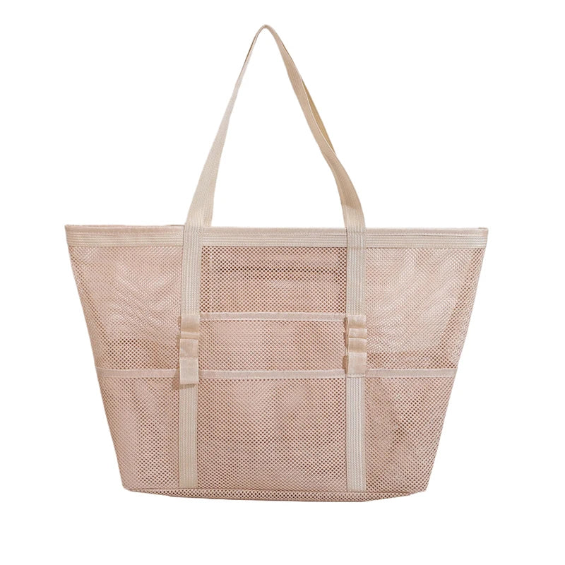 Large Capacity Canvas Beach bag Versatile Commuting Shopping Shoulder bag Lightweight Semi Transparent Mesh Hollow bag