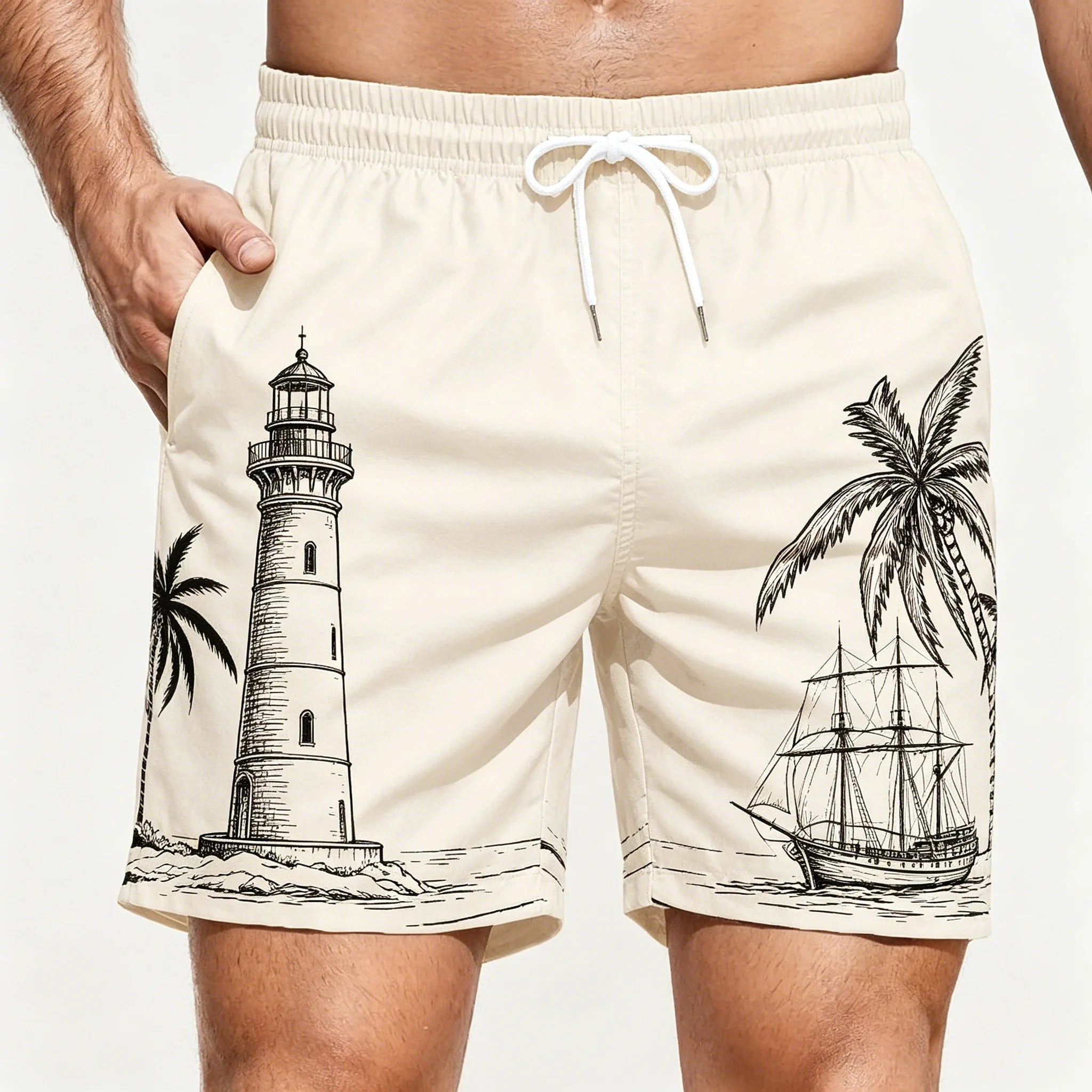Men's Dark Green Tropical Leaf & Bird Print Drawstring Shorts, Casual Loose Swim Trunks For Spring Summer Wear