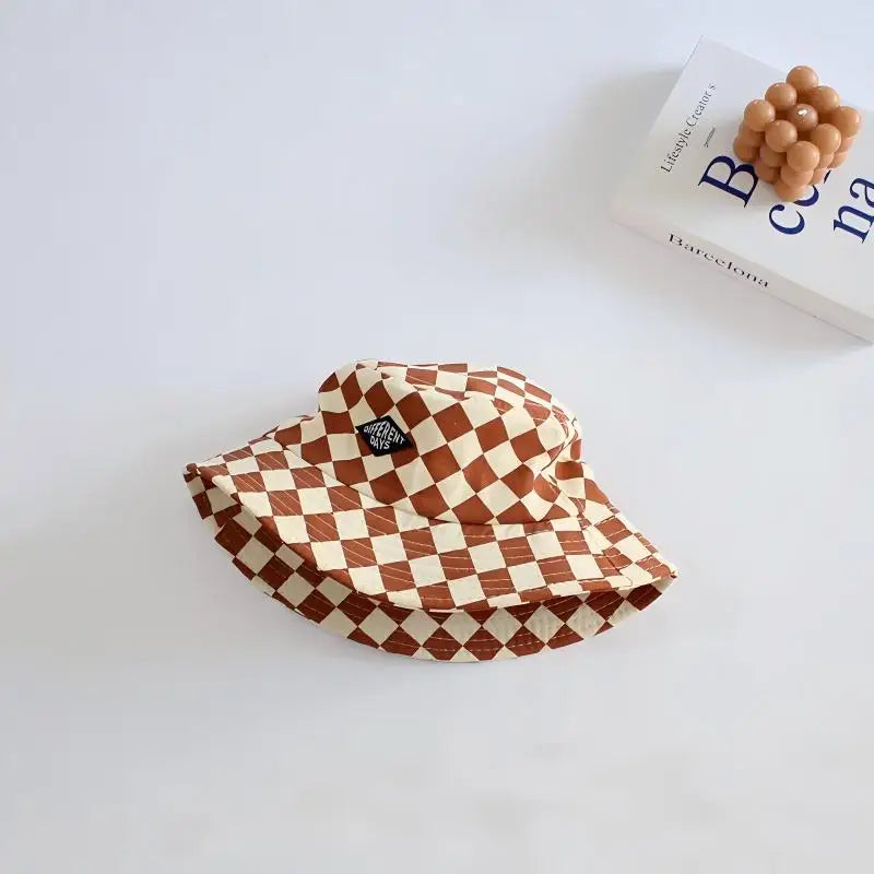 Stylish Kids Bucket Hat Checkerboard Plaid Pattern Sun Hat Breathable Wide Brim Cap For Boys And Girls