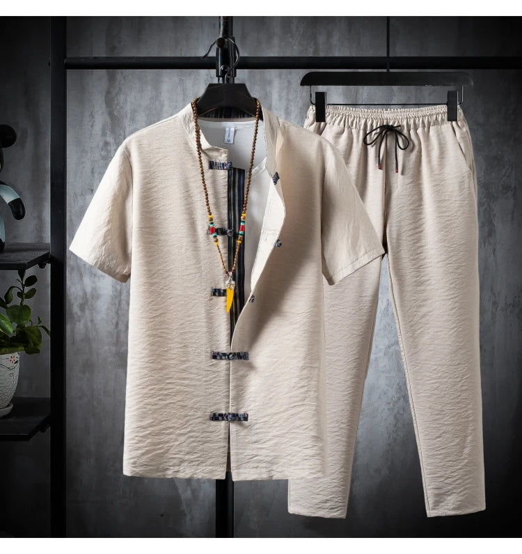 Shirts + Pants summer 100% Cotton linen shorts sleeve Men's Casual Sets Male Fashion trousers and shirts men full size M-5XL