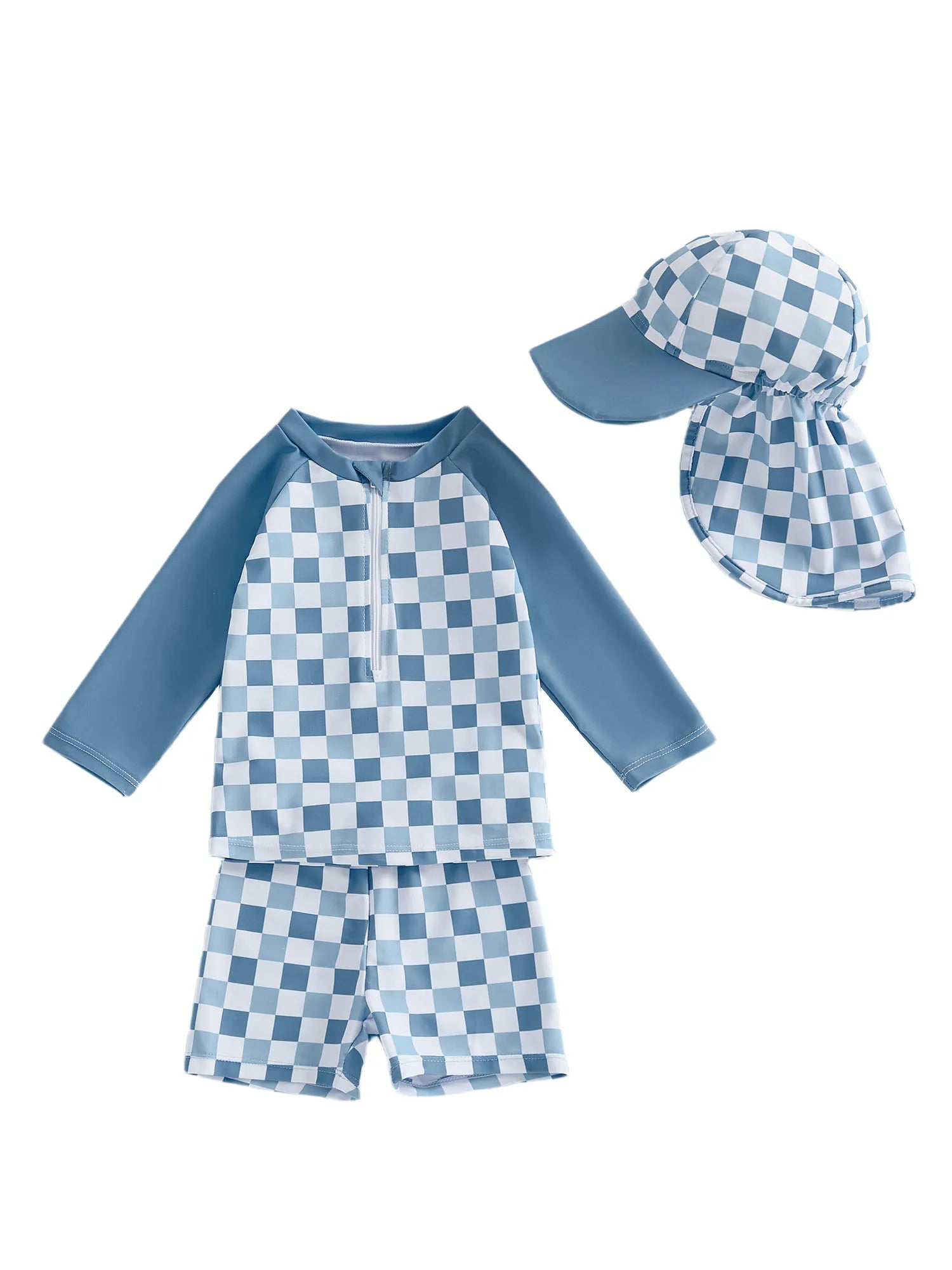 1-4T Toddler Boy Swimsuit Set Checkered Long Sleeve Rash Guard Swim Tops Swim Shorts and Sun Hat 3 Piece Outfit