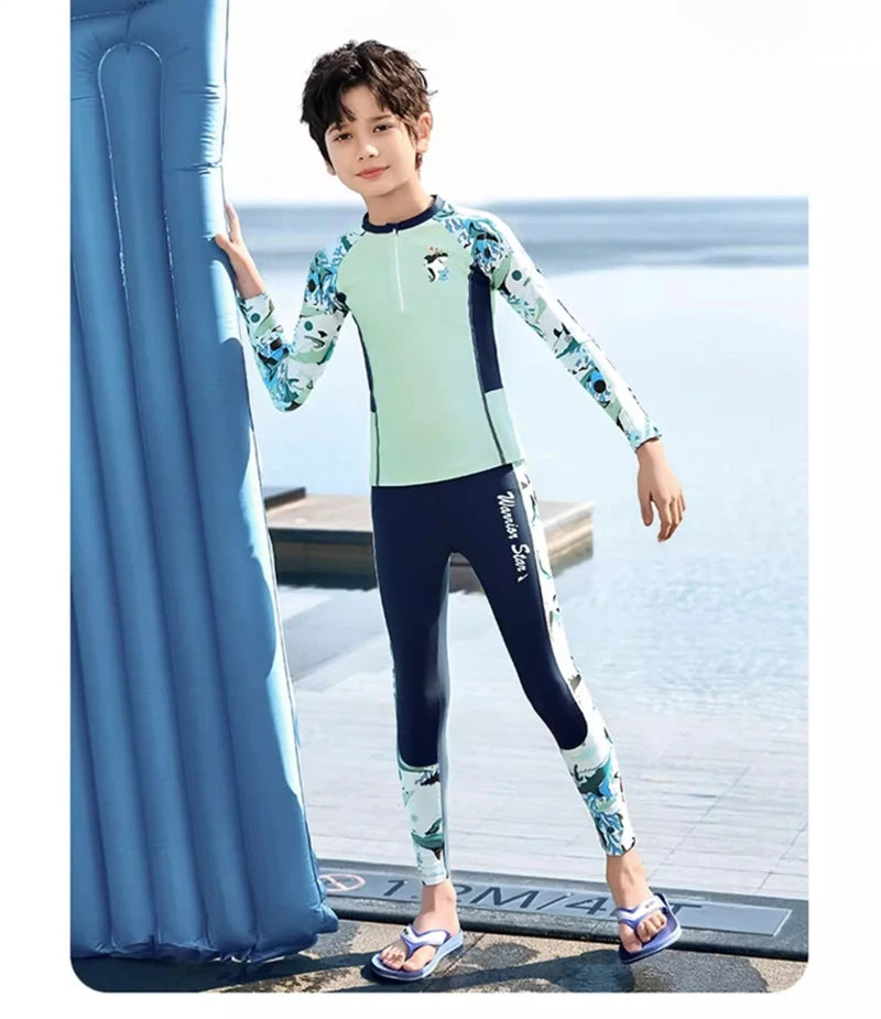 Full Body Boys Swimwear Sun Protection Kids Swimsuit Two Piece Children Long Sleeve Bathing Suit Summer Swimming Pool Clothes