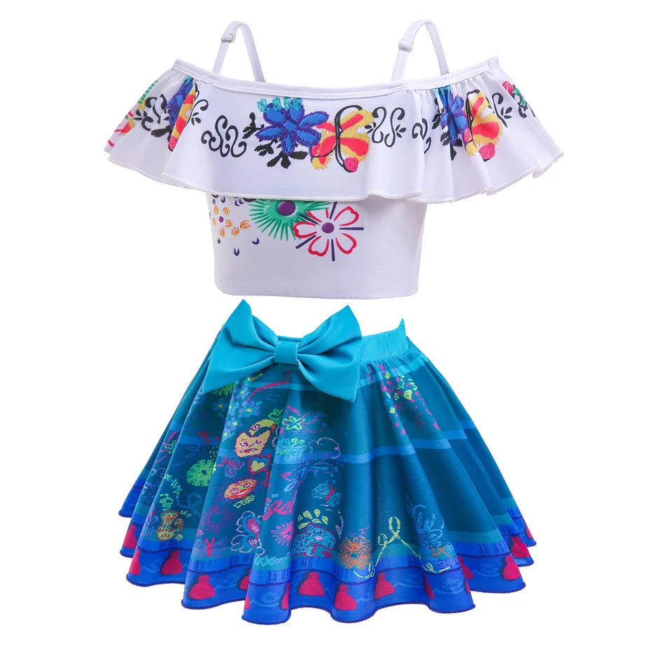 Encanto Cosplay Mirabel Isabela 2Pcs Tops Skirt Set Girls Dolores Luisa Pepa Bikini Swimwear Children Print Beachwear Costumes