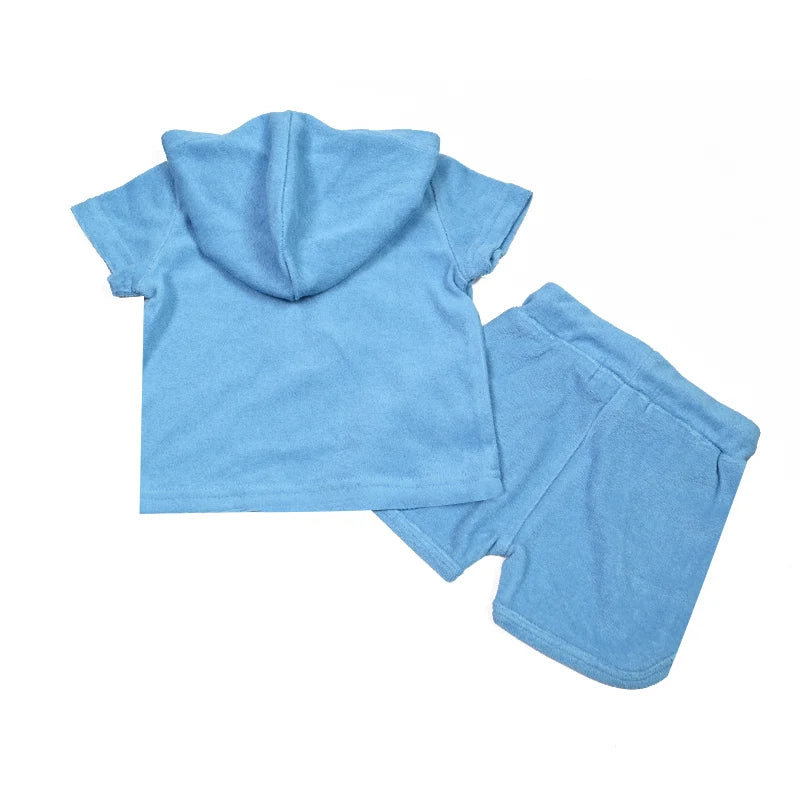 Summer Terry Sibling Clothing Set for Boys And Girls Blue Shirt for Boy Girl Dress Zipper With Colorful Drawstring Teens Outfit