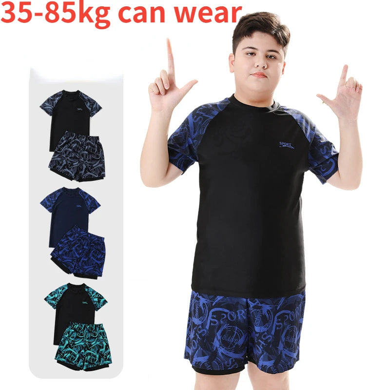 Children's Swimwear with Cap, Split Body, Short Sleeve, Two Piece Swimsuit for Men, Teenagers, Boys, New, Hot Spring Set, 2024