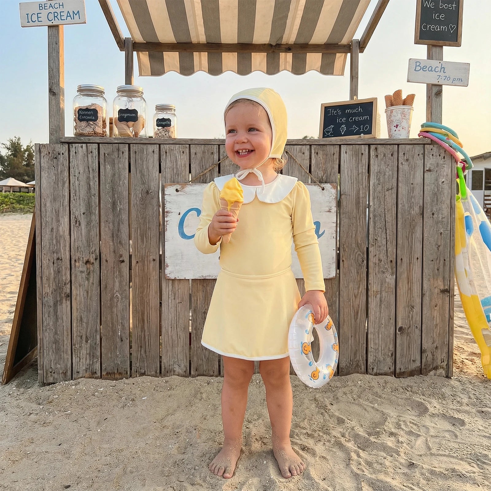 1-6T 3Pcs Little Girls Swimsuit Set Doll Collar Long Sleeve Contrast Color Rash Guard Swimwear Skirt and Hat