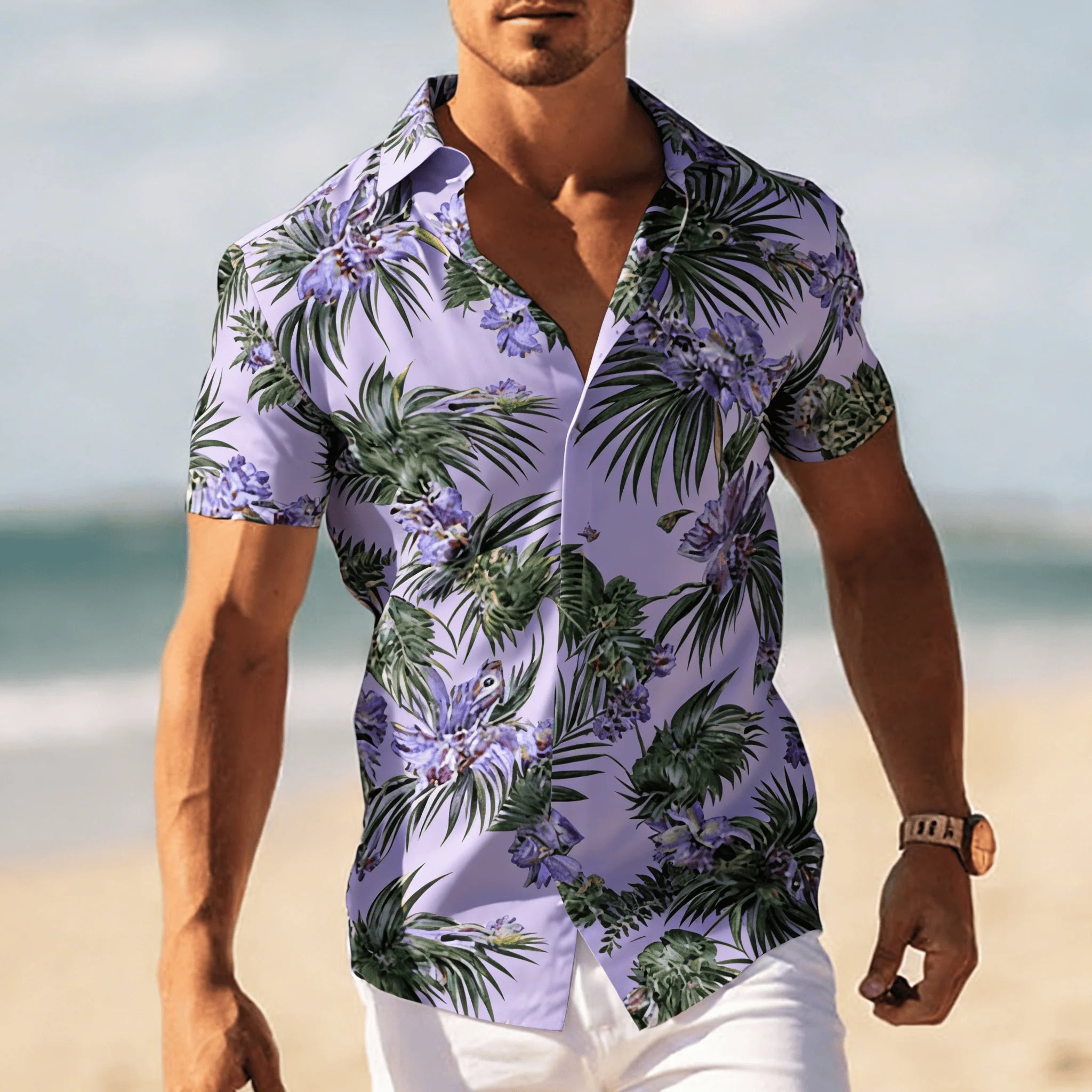 Men's Tropical Floral Print Short Sleeve Shirt, Spring Summer Cool Vacation Casual Top, Pocket Lapel Style