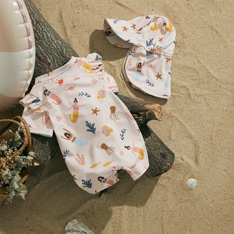 MISOWMNJOY Infant Baby Girl Summer Swimsuit Rash Guard Kids Beachwerar Short Sleeve Mermaid Kids Bathing Suit with Swim Cap