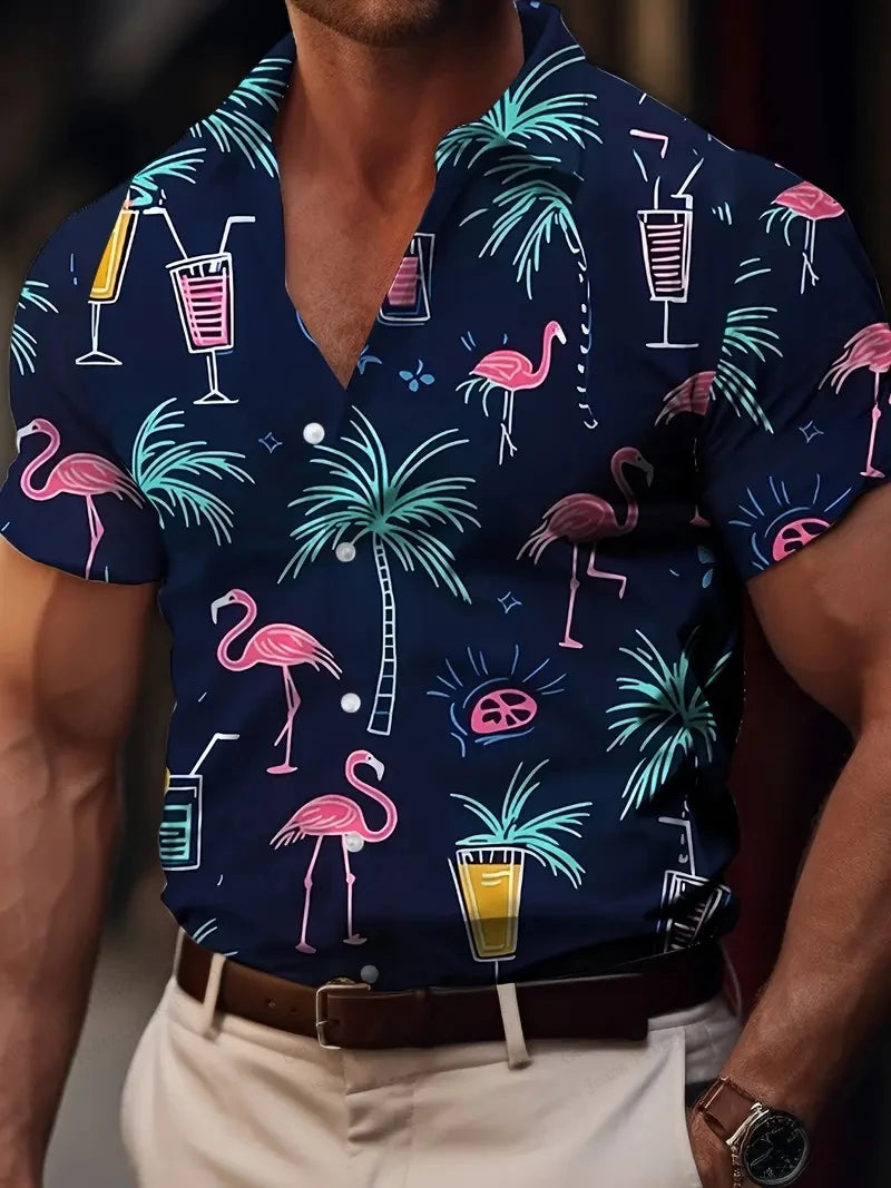 Summer Men's Vocation Lapel Camisa Oversized Hawaiian Shirts Flamingo 3d Print Fashion Men Women Beach Short Sleeve Blouse Boy