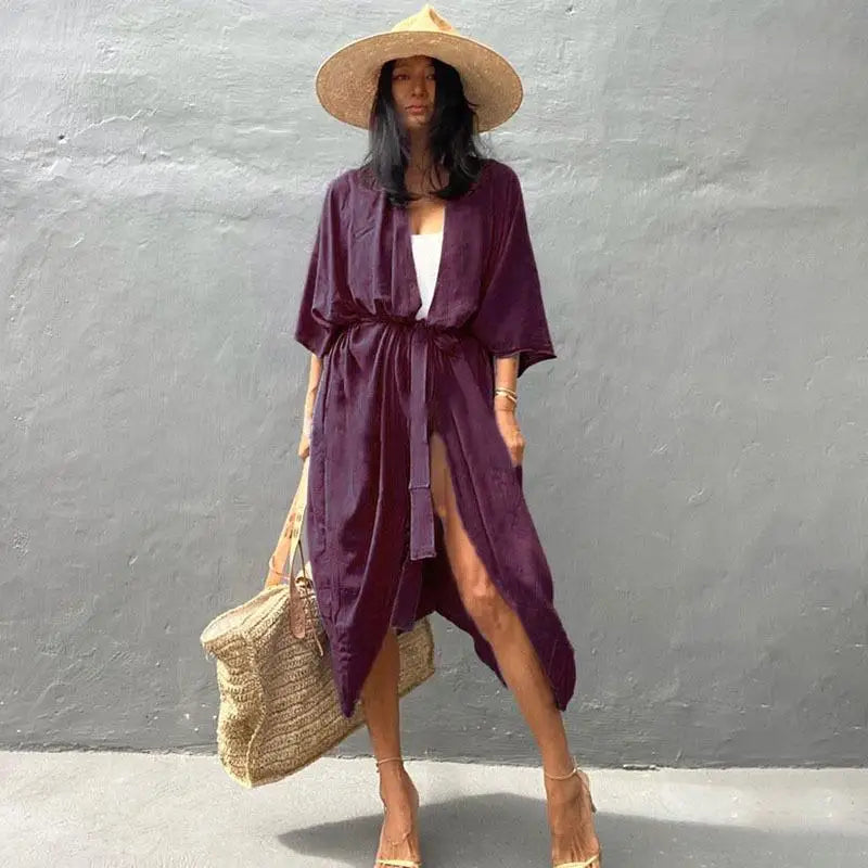 Women's Boho Stripe Tie Dye Swimsuit Cover Up with Belt Tunic Sarong Cardigan Dress Bikini Cover-ups Beach Wear Kimono