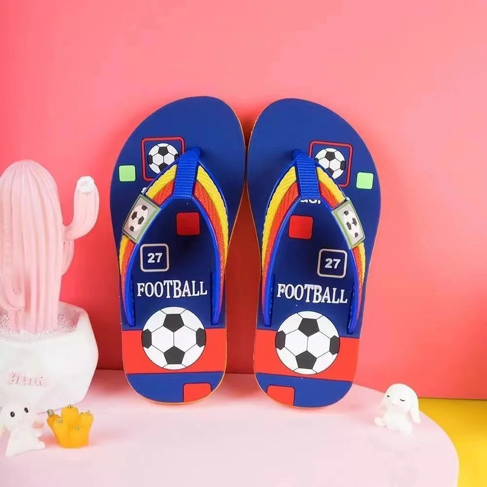 New Summer Baby Boys Girls Slippers Children PVC Cartoon Football Print Flops Flips Beachwear Outdoor Red Blue Green Kids Shoes