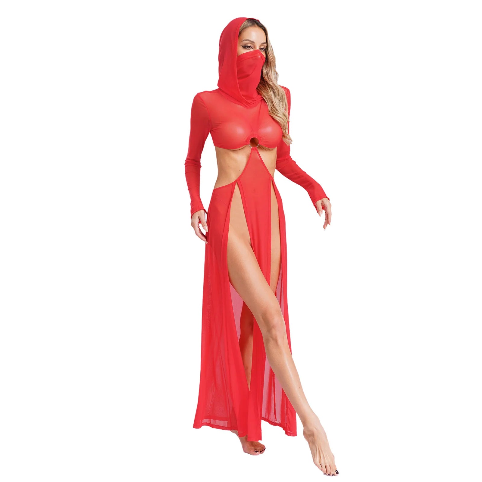 Women Sheer Dress with Hooded Face Mask Maxi High Slit Sexy Mesh Dress Long Sleeves Hollow Out Sheer Dress Cover Up Swimwear