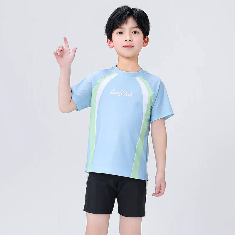 Kids Boy Swimsuit Summer Children Board Shorts Sets Boys Split Short Sleeve Quick Drying Boys Swimwear Beach Surfing Swimsuits